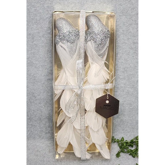 White Silver Glitter Feather Birds Christmas Tree Ornaments Clip On Shabby 2 Pc - Picture 2 of 5